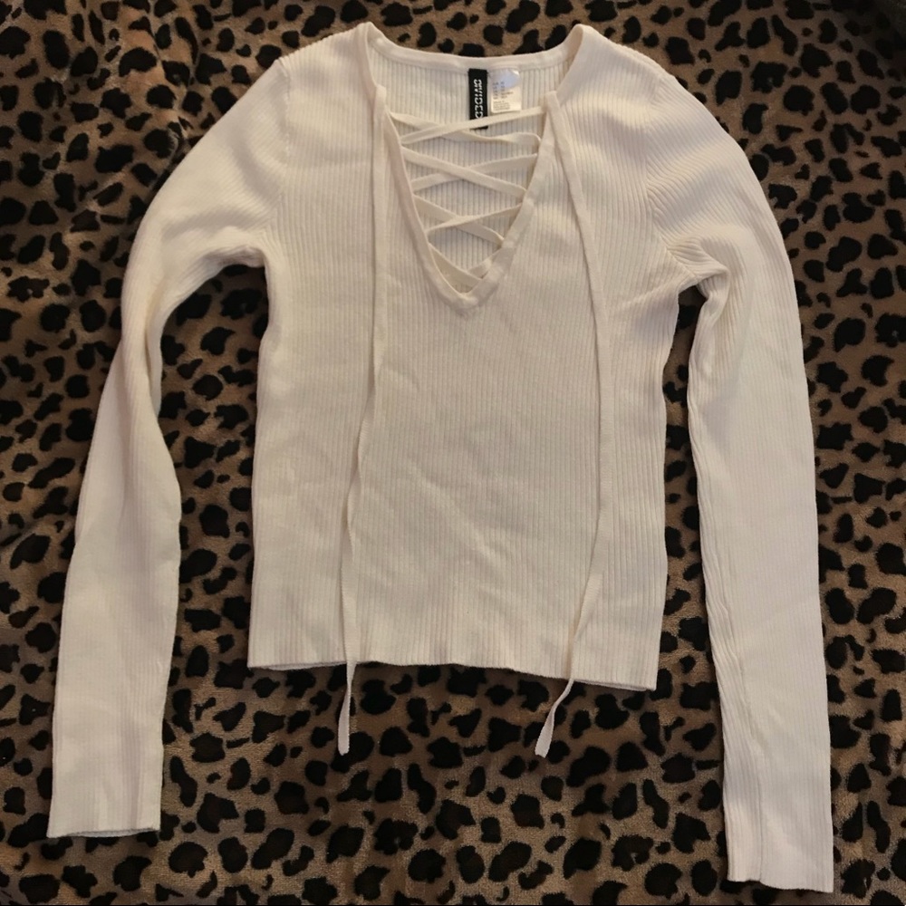 H&M Ivory Lace Up Form Fitting Shirt Size XS